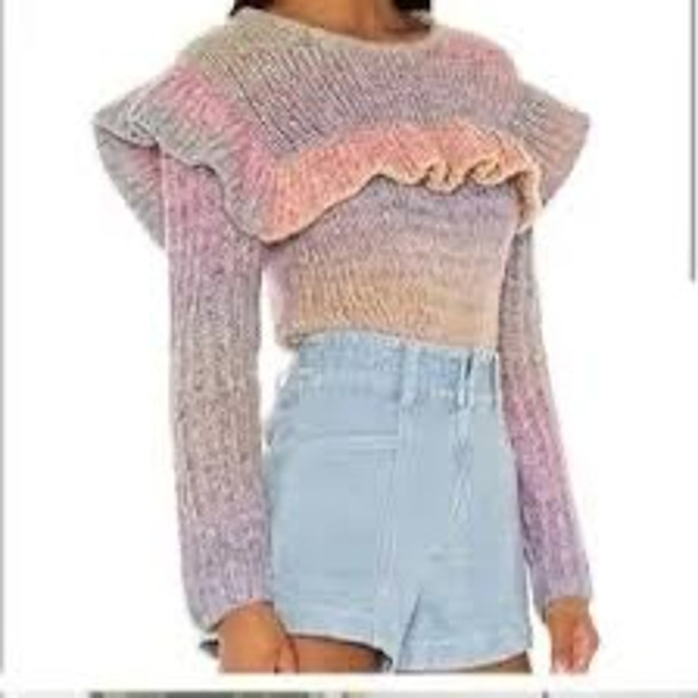 LoveShackFancy Yumi Pastel Rainbow Ruffle Space Dye Knit Sweater Pink Purple - Picture 9 of 13